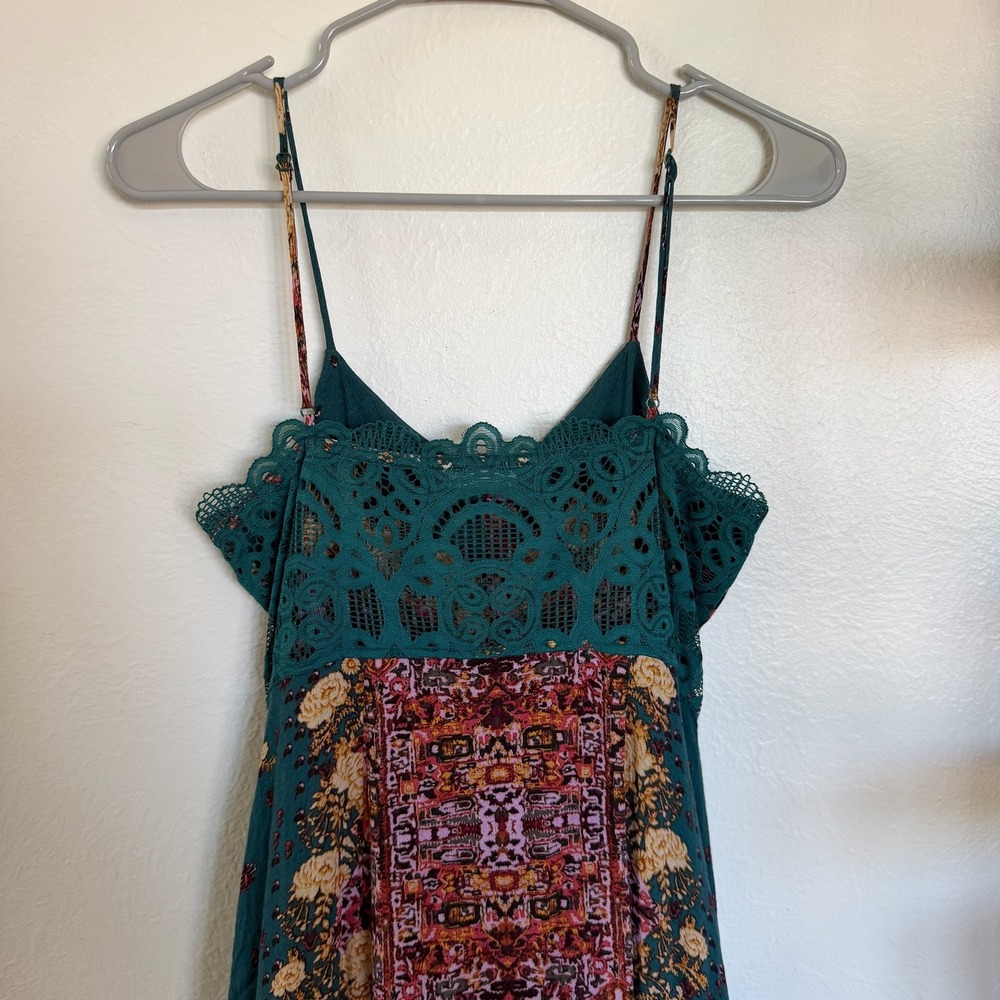 Free People Teal Maxi Slip Dress with Pink & Gold Floral Panel - Picture 5 of 11